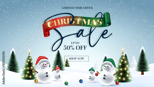 Merry Christmas sale promotion poster banner with product display and festive decoration light background. Christmas special sale and offer unit with snowflakes and snowman. 