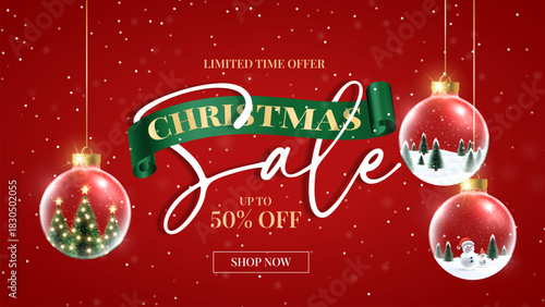 Merry Christmas sale promotion poster banner with product display and festive decoration light background. Christmas special sale and offer unit with snowflakes and snowman. 