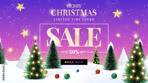 Merry Christmas sale promotion poster banner with product display and festive decoration light background. Christmas special sale and offer unit with snowflakes and snowman. 