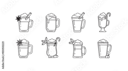 Collection of eight hand drawn silhouette illustrations of delicious desserts and drinks