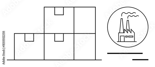 Stacked boxes representing storage and logistics paired with a factory icon symbolizing manufacturing. Ideal for logistics, production, supply chain, warehouse management, shipping, packaging