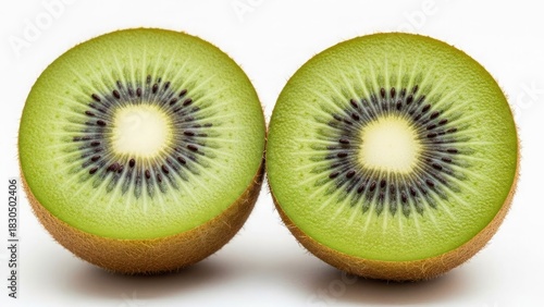 Vibrant halved kiwifruit revealing juicy green flesh and black seeds against a clean white background.