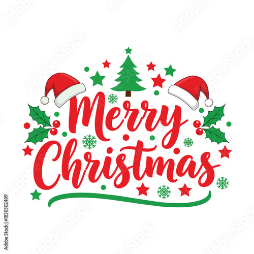 Vibrant Merry Christmas Festive Greeting Card Illustration with Santa Hats, Holly, and Tree