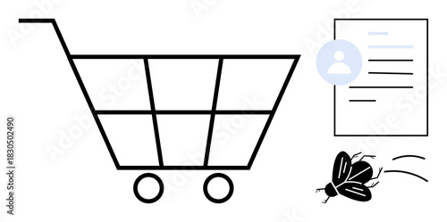 Shopping cart, user profile icon, and flying bug, symbolizing issues in online shopping platforms, debugging processes, customer management. Ideal for e-commerce, tech support, user analysis QA