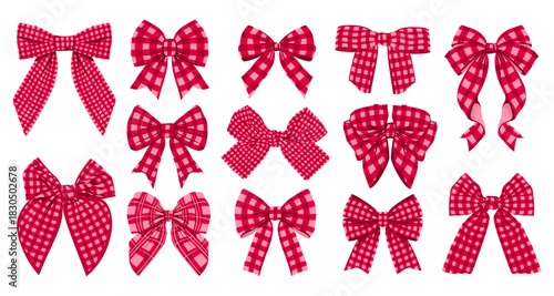 Gingham Red Bow Vector Set. Cute Plaid Ribbon Collection