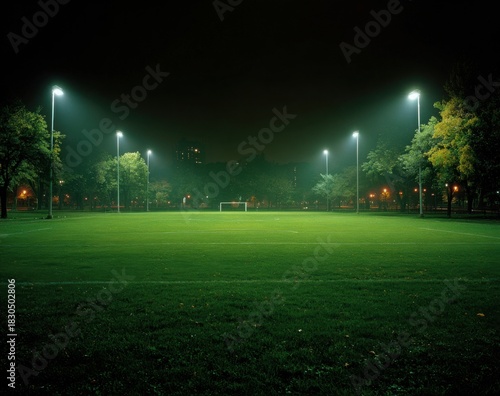 Fototapeta Naklejka Na Ścianę i Meble -  A soccer field is lit up at night with lights on the field