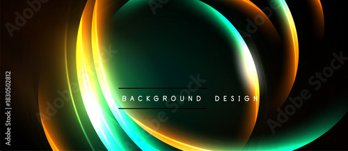 Abstract flowing lines create vibrant circular design. Dark background emphasizes glowing gradients, modern aesthetic.