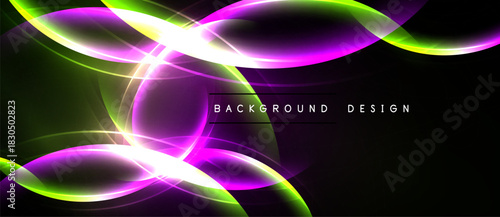 Abstract neon waves, vibrant colors, dynamic curves. Black background enhances luminosity, creating modern visual effect.