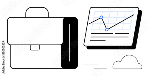 Briefcase alongside data chart with line graph and cloud symbolizing analytics, mobility, and productivity. Ideal for business, finance, data, teamwork, strategy, management simple flat metaphor