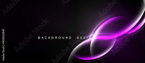 Dark background features vibrant purple light streaks. Elegant curves create dynamic visual impact. Text reads background design.