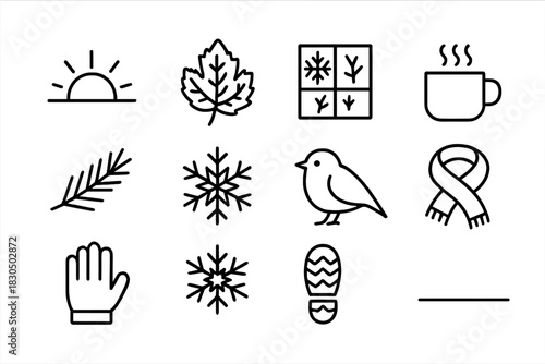 Frosty Morning Icons. Frosty morning. Line outline icon set of frosty morning: sunrise, frost on leaf, frozen