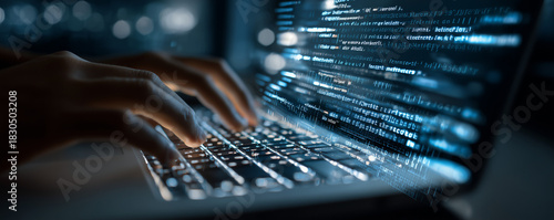 Digital transformation, IoT, Internet of Things, Software technology development concept. Software engineer coding on laptop computer with innovation technology interface