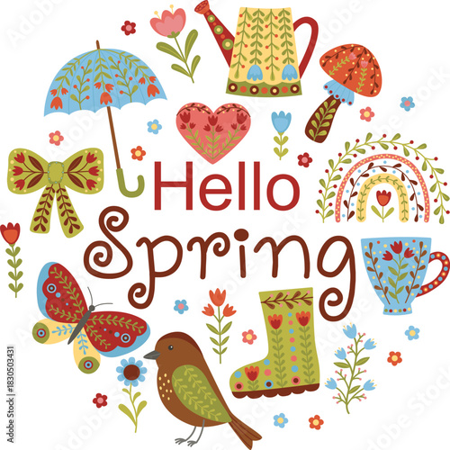 Cute decorative spring elements in folk style. Colorful round composition with the inscription
