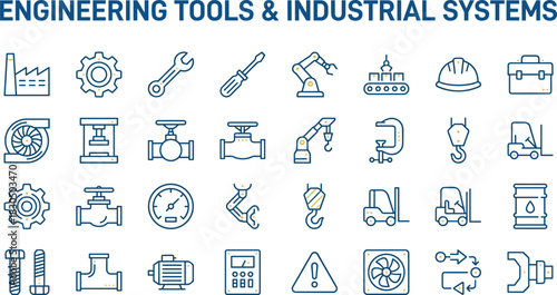 Modern Engineering Tools and Industrial Systems Line Icons Collection