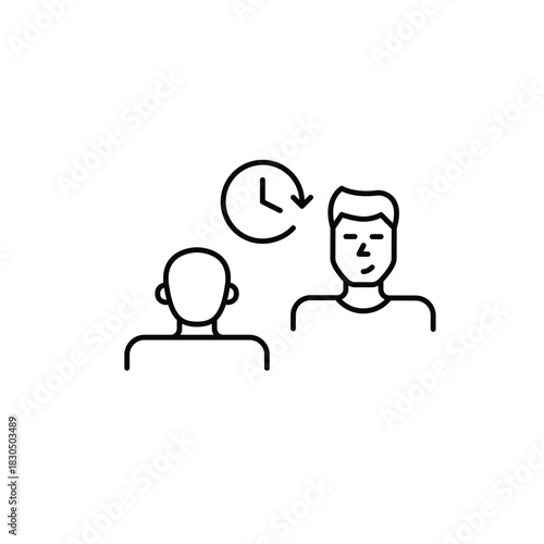 2 men talking and clock. Scheduled appointment, timed consultation and therapy session. Pixel perfect, editable stroke vector icon