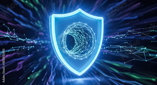 Fototapeta Naklejka Na Ścianę i Meble -  3d illustration blue glowing security shield symbol digital wireframe tunnel inside representing safe internet connection vpn protection cyber defense technology concept