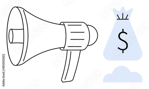 Megaphone next to money bag with dollar sign, depicting concepts of marketing, financial growth, business revenue. Ideal for advertising, promotions, sales strategies, investment ideas, online