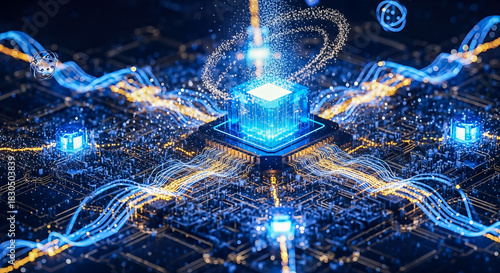 futuristic quantum computer processor chip glowing blue particles energy flow circuit board background artificial intelligence technology science digital data concept