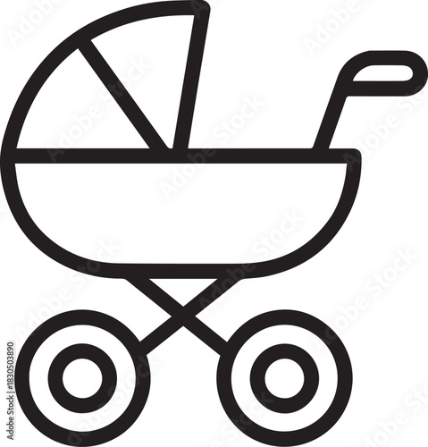 A simplified line art illustration of a baby stroller, designed in a clean, minimalist style.