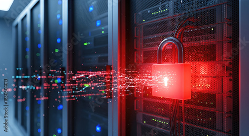 3d illustration glowing red padlock server room rack background cyber security data protection ransomware virus malware attack danger warning concept