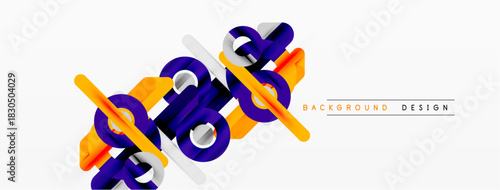 Abstract shapes overlap, creating dynamic visual effect. Orange, purple, gray colors dominate design. Minimalist background present.