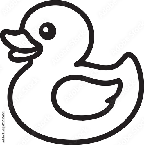 A whimsical rubber duck, a beloved symbol of bath time and play, depicted in a minimalist black line drawing, exuding a sense of simplicity and childlike wonder.