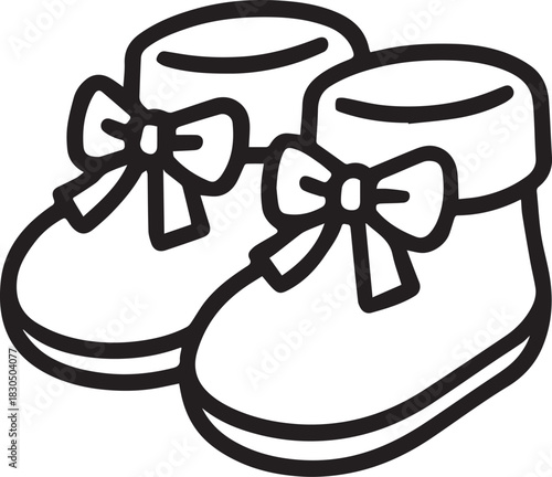 Adorable baby booties, elegantly adorned with bows, a heartwarming representation of new beginnings and innocence, crafted in a simple and delightful illustration.