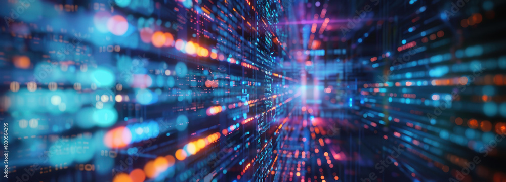 Fototapeta premium Digital Realm: An abstract visual journey into the core of digital data, where information streams flow like radiant streams of energy.