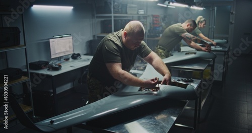 Installing Flight Electronics Technician Working on UAVs Core. Team in Uniform Installing or Checking Complex Flight Electronics Inside Body of UAV. Precision Required For Military Drone Systems.