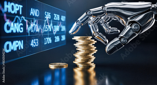 futuristic robot hand stacking gold coins next to digital stock market trading chart graph automated investment financial advisor technology artificial intelligence economy growth concept