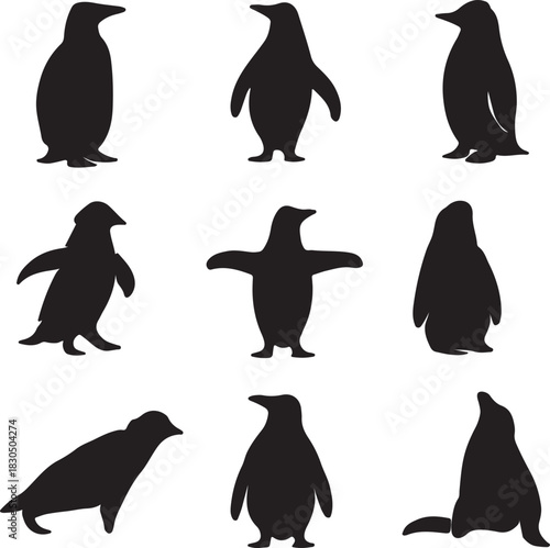 Set of Black Penguin Silhouette Vector Illustrations in Arctic Poses