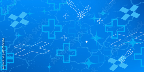 Medical health blue cross neon light shapes pattern background. Abstract healthcare technology and science concept.