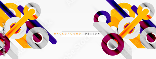 Abstract geometric shapes overlap, creating dynamic visual texture. Colors include purple, orange, white, gray. Modern design element.