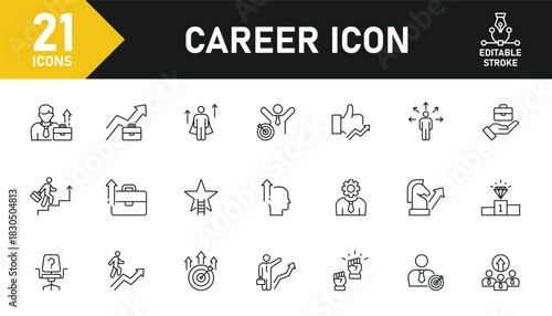 Career line icon set. Set of 21 outline icons related to career, skills, development, knowledge, success, growth and others. Editable stroke. Vector illustration.