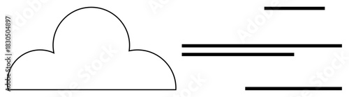 Cloud with smooth outline accompanied by horizontal lines suggesting wind, speed, or data flow. Ideal for weather, communication, technology, speed, motion simplicity minimalism themes. Simple flat