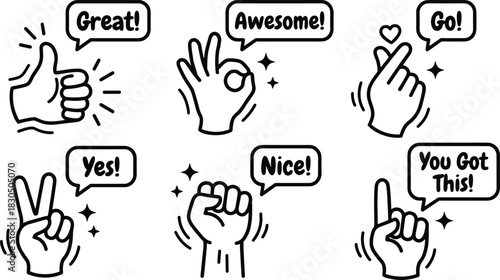 Diverse hand gestures in line art style with positive speech bubbles