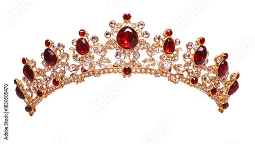 Ornate gold tiara adorned with sparkling red gemstones and diamonds on a transparent background