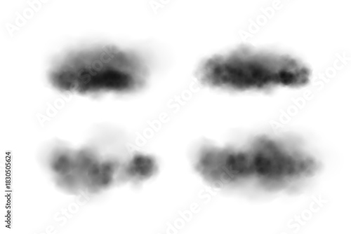 Smoke cloud set with black and gray fog shapes on white background. Realistic vapor texture with different opacity and diffusion levels. Transparent soft atmospheric vector illustration.