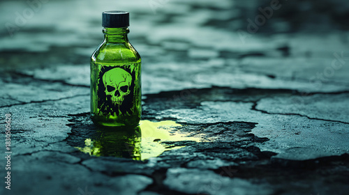 Eerie green liquid bottle with skull label, symbolizing danger and toxicity