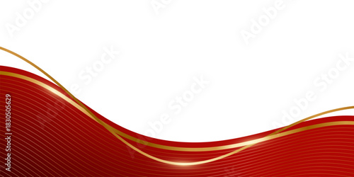 Red and gold wave frame background. Elegant wavy lines with metallic highlights curve around empty center for text placement. Luxury border template. Vector illustration.