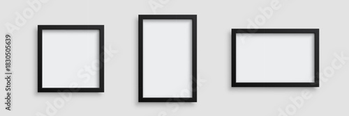 Black photo frames. Certificate or picture minimalist frames of rectangular and square shapes isolated on light . Empty gallery mockup. 3d realistic vector illustration.