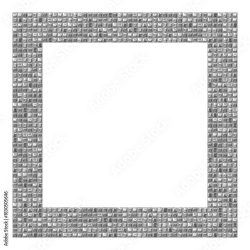 Silver glass 3d square frame. Reflective metallic mosaic pattern with cube tiles and transparent center for text or image. Modern shiny decorative border. Realistic vector illustration.