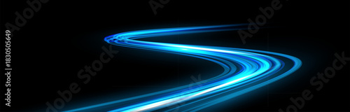 Wallpaper Mural Light speed trail. Curved glowing blue wave on black background. Bright dynamic energy lines with motion blur and radiant white core. Futuristic abstract vector illustration. Torontodigital.ca