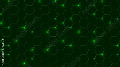 Honeycomb neon background. Glowing green hexagonal grid pattern creates modern tech texture on dark surface. Futuristic digital vector illustration in luminous geometric style
