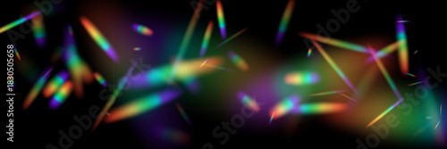 Hologram lights rainbow glow on dark background. Soft colorful streaks in abstract scene. Blurred beams and scattered reflections with smooth dynamic composition. Abstract vector illustration.