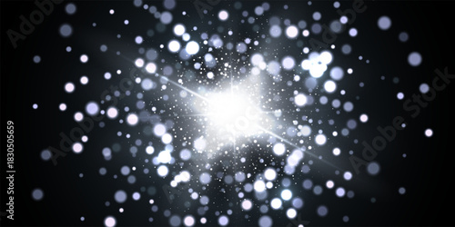 Light glare with glitter explosion and glowing particles on dark. White bright sparkling burst radiating warm light dynamic motion effect. Festive glow with bokeh highlights. Vector illustration.