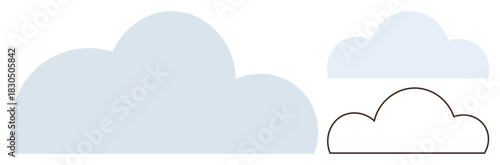 Three overlapping cloud shapes in different sizes, including a filled, outlined, and smaller form. Ideal for weather, technology, environment, storage, communication minimalism simple flat metaphor