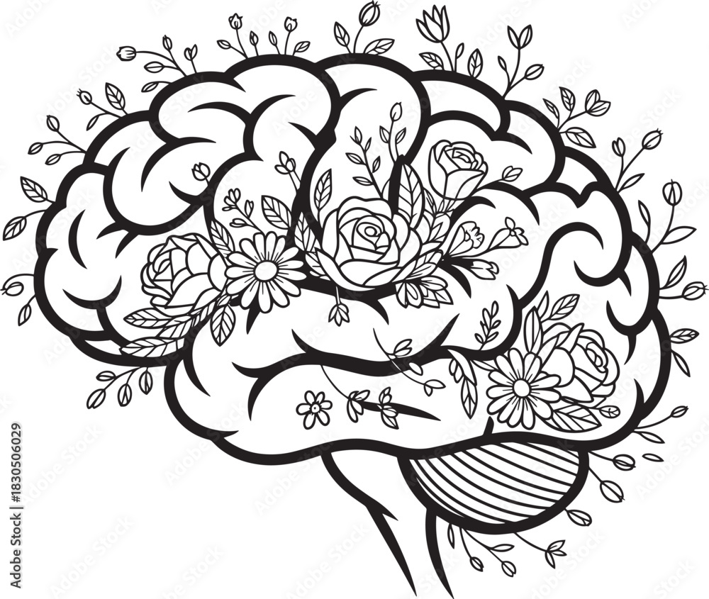 Fototapeta premium Brain with Flowers Illustration Symbolizing Mental Wellness and Growth