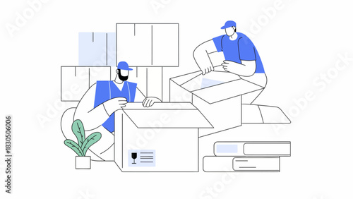 Moving Services Professionals Carefully Packing and Moving Boxes for Relocation
