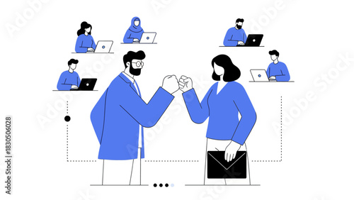 Fist Bump for Success Remote Business Collaboration and Digital Partnership. Global Teamwork and Online Communication Concept Illustration